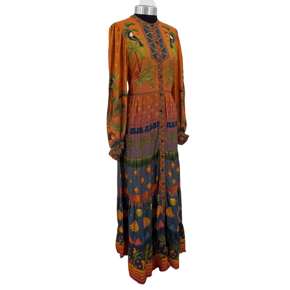 Farm Rio Est Mil Arvor Tropical Jungle Maxi Dress Orange Long‎ Sleeve Small NWT - Picture 4 of 16